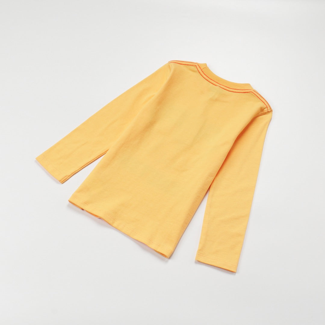 'Super Cool Monster' printed, yellow top, long sleeves, shoulder buttons. 
