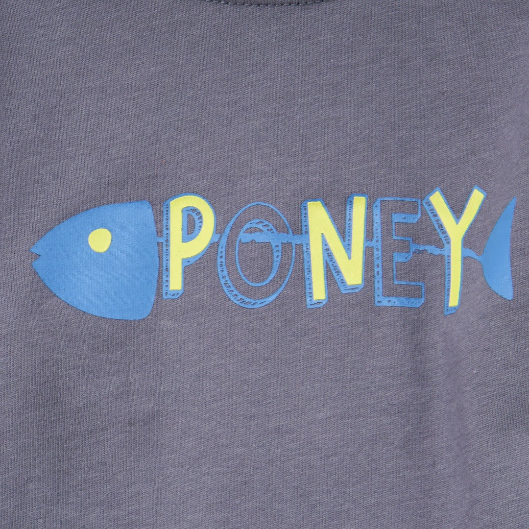 Dark grey top, blue fish skeleton and yellow poney bones. Doubled strapped shoulder fastenings, long sleeves. 
