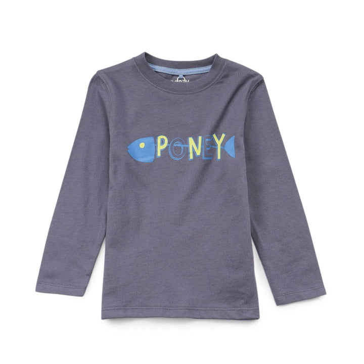 Dark grey top, blue fish skeleton and yellow poney bones. Doubled strapped shoulder fastenings, long sleeves. 