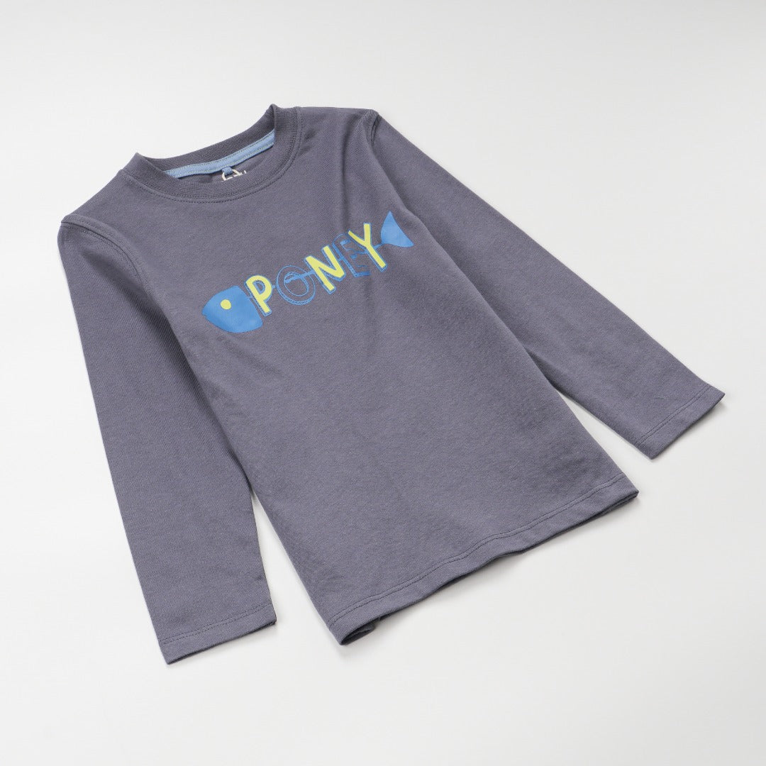 Dark grey top, blue fish skeleton and yellow poney bones. Doubled strapped shoulder fastenings, long sleeves. 