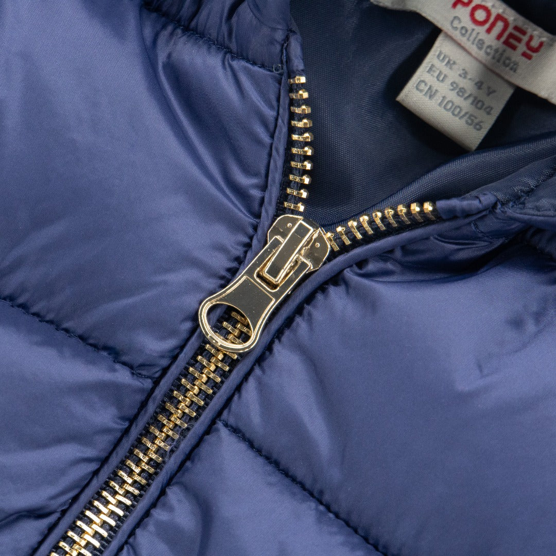 Navy Blue Padded Jacket with a hoodie and knitted long sleeves, golden zipper and snap-button fastening on pockets at the front.