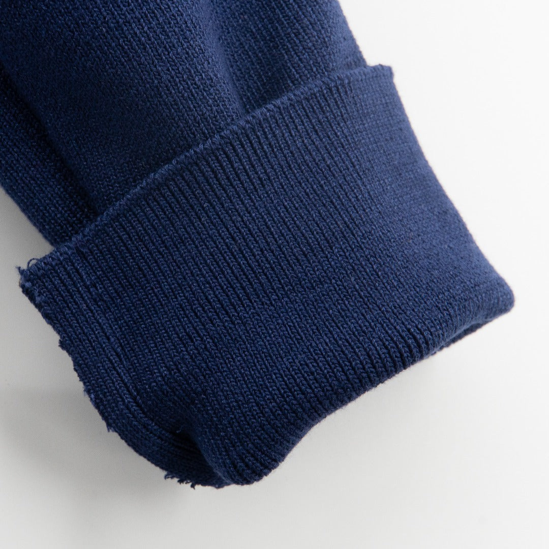 Navy Blue Padded Jacket with a hoodie and knitted long sleeves, golden zipper and snap-button fastening on pockets at the front.